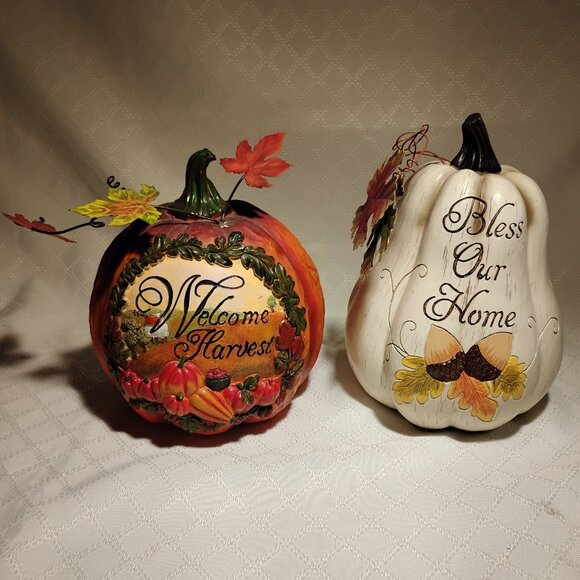 Lot of 2 Decorated Resin Fall Pumpkins - 1 White And 1 Orange - Picture 1 of 8